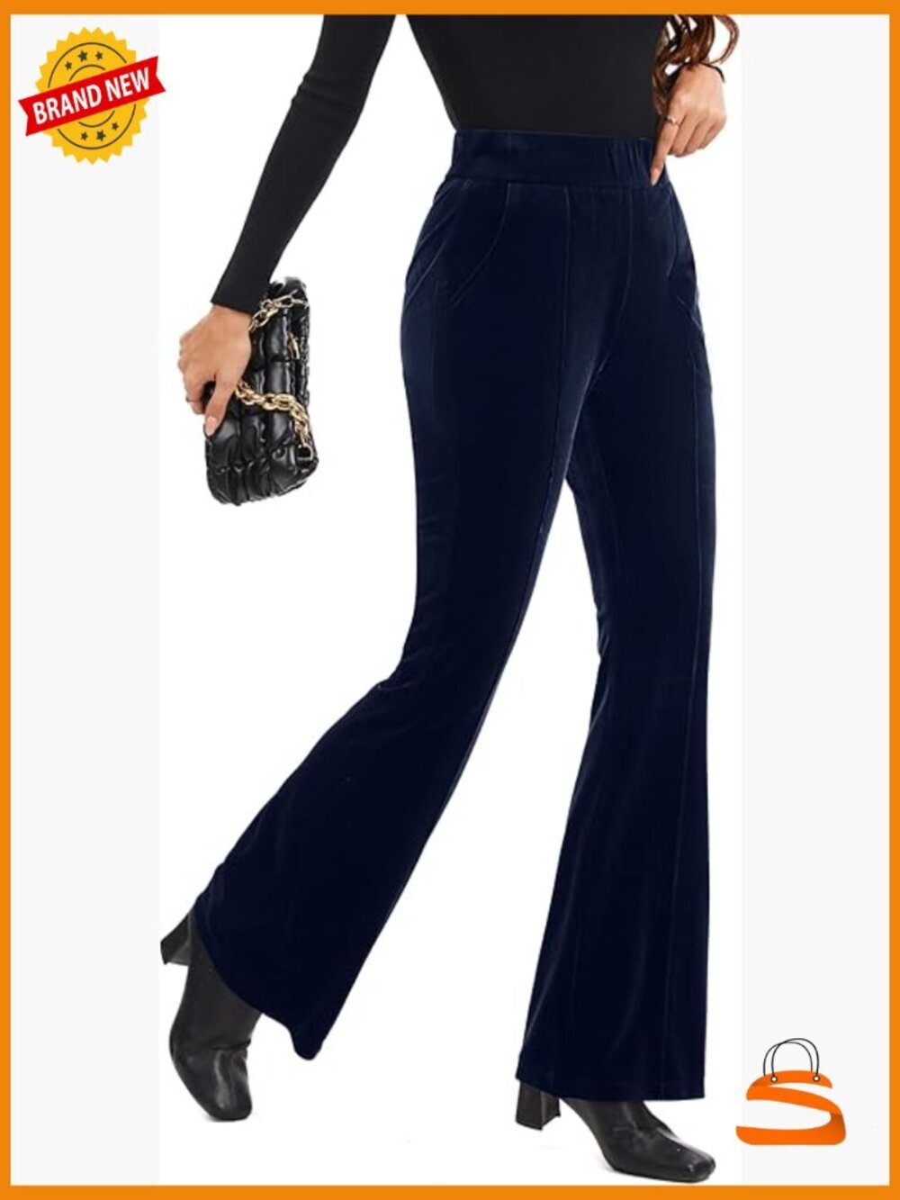 Velvet Flared Pants Elastic Waist High Rise Pull On Trousers Bell Bottom